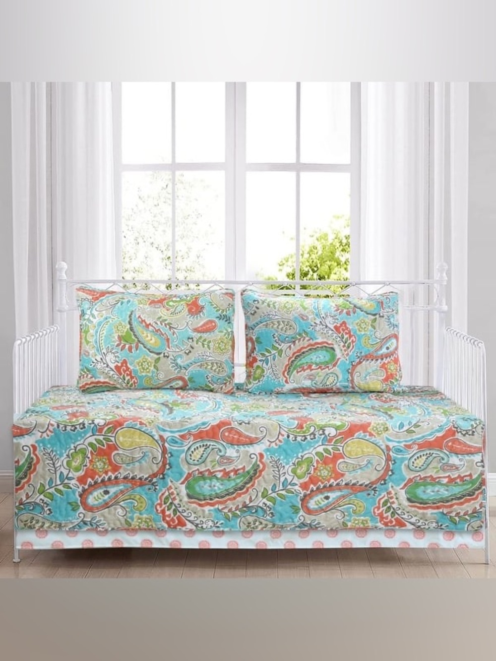 Paisley Floral 4-Piece Turquoise Blue Coral Microfiber Polyester Twin Daybed